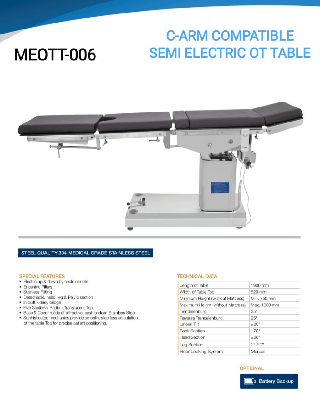 C-ARM COMPATIBLE SEMI ELECTRIC OT TABLE